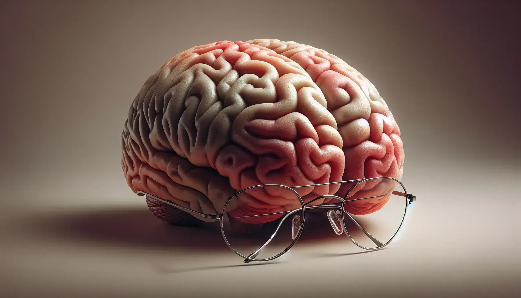 Anatomically correct model of human brain on neutral background with eyeglasses and blurred silhouette of a person.