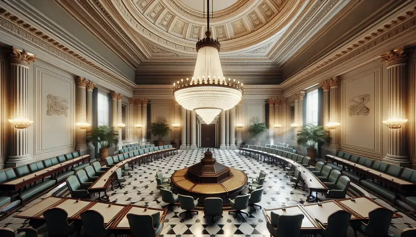 Neoclassical interior of a legislative chamber with circular table, blue chairs, crystal chandelier, podium and arched windows.