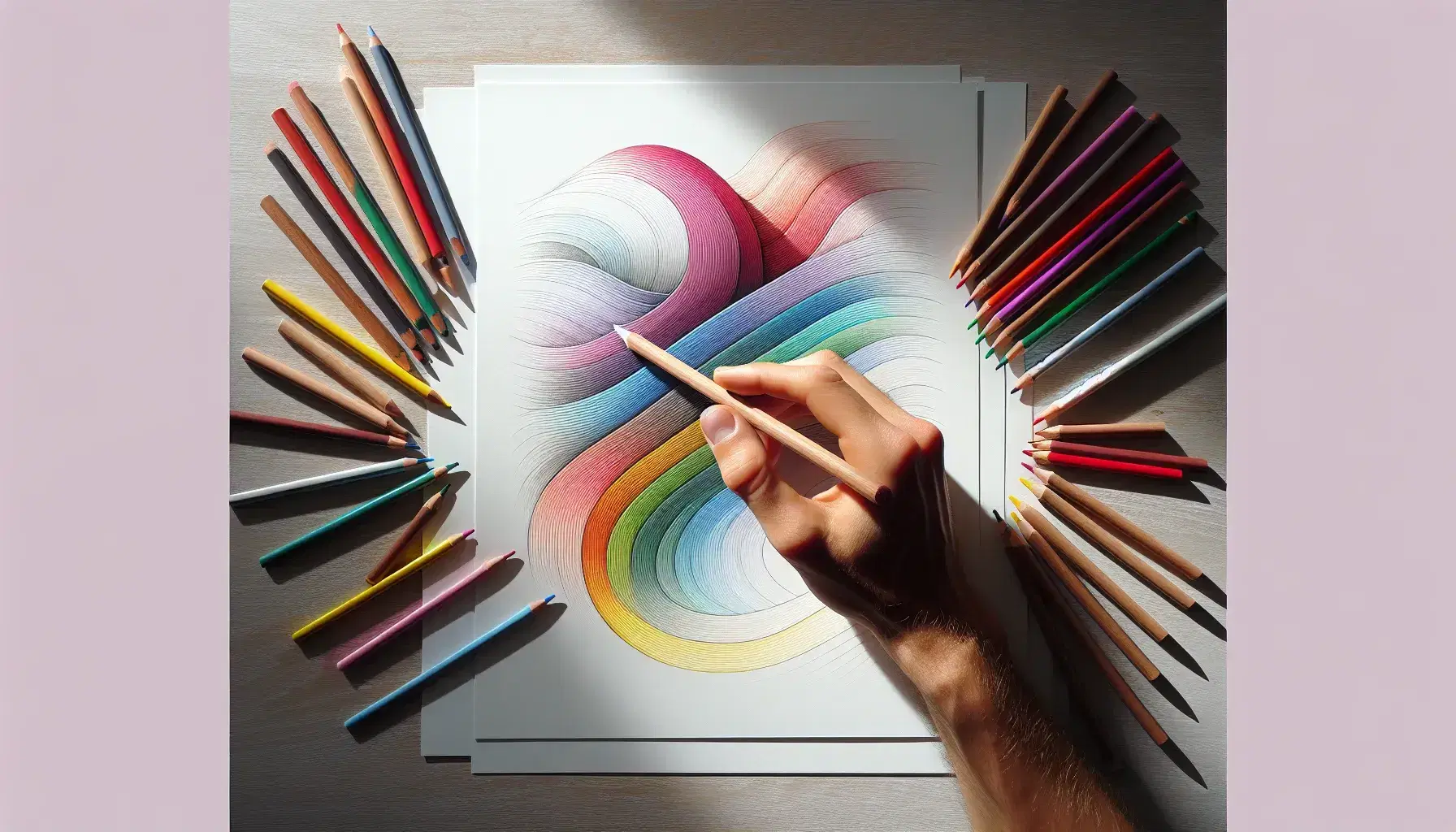 Mano seleccionando lápiz de color azul claro entre conjunto de lápices de colores sobre papel con trazos suaves y curvos en mesa de madera.