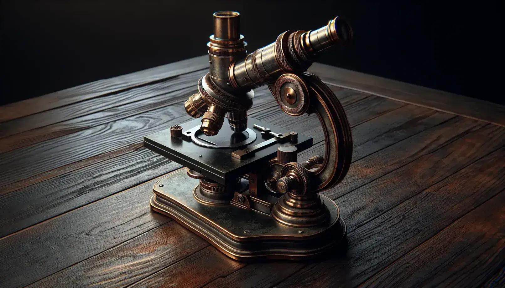 Microscopio ottico antico in bronzo su tavolo in legno scuro, con base circolare, stelo, piatto oggetti nero e sistema di lenti.