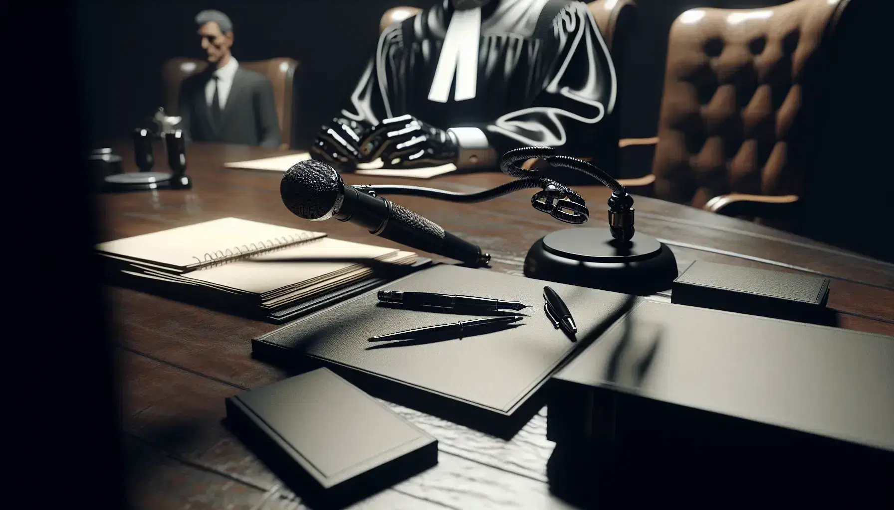 Scena di tribunale con tavolo e documenti, penna, microfono, giudice in toga e figura in abito scuro, atmosfera formale.