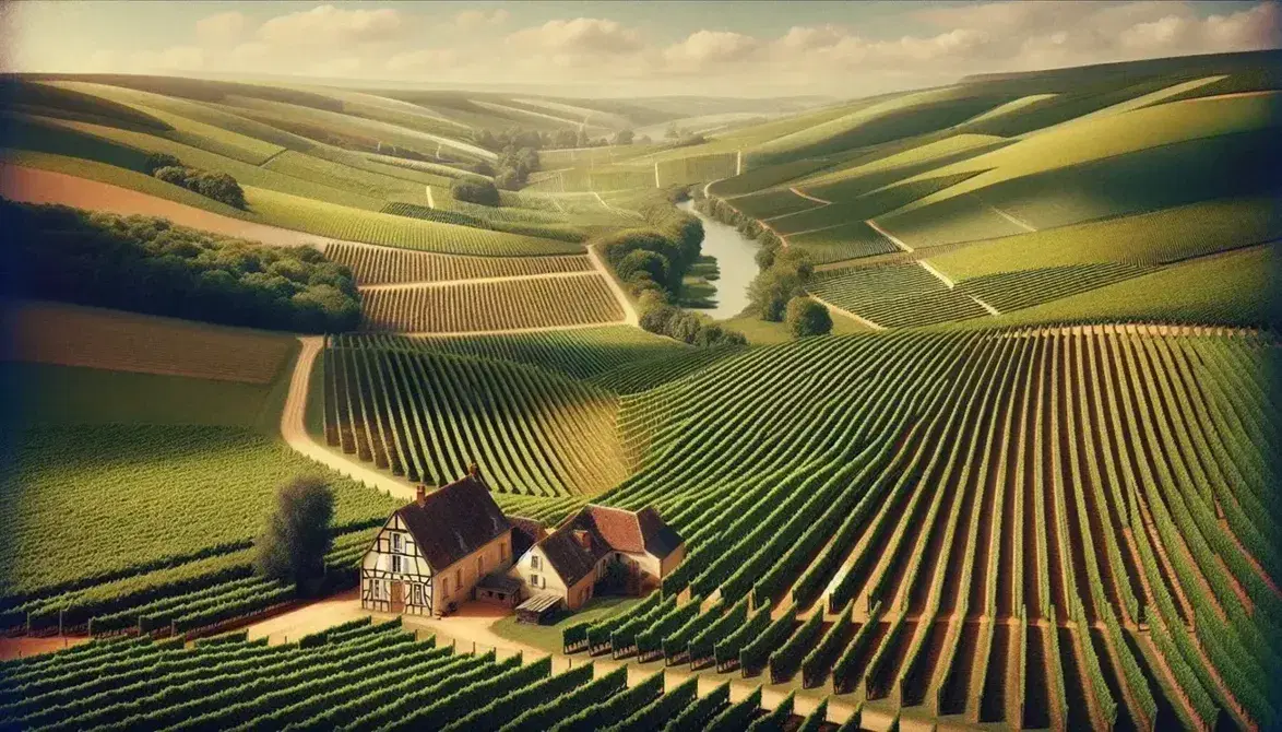 Vigneto francese rigoglioso con filari ordinati su colline dolci, casale con tetto rosso e cielo azzurro con nuvole.