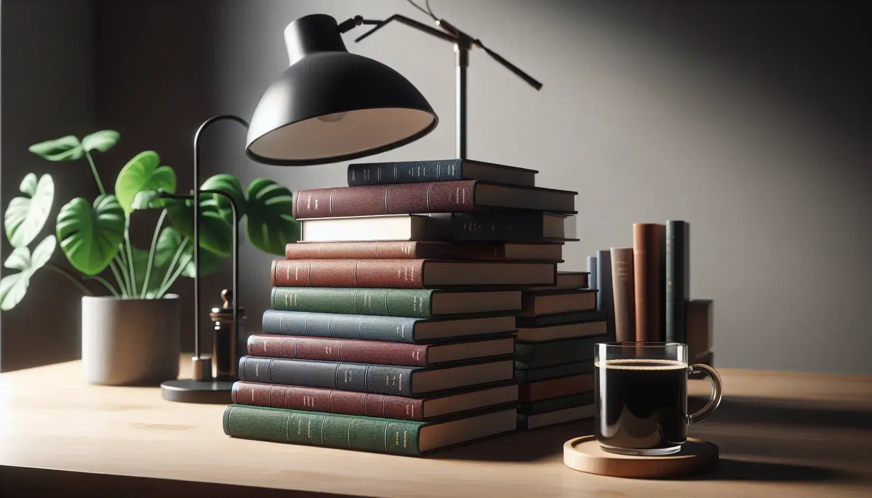 Stack of hardcover books in muted colors on a wooden table, with a black reading lamp and a mug of black coffee beside a green potted plant.