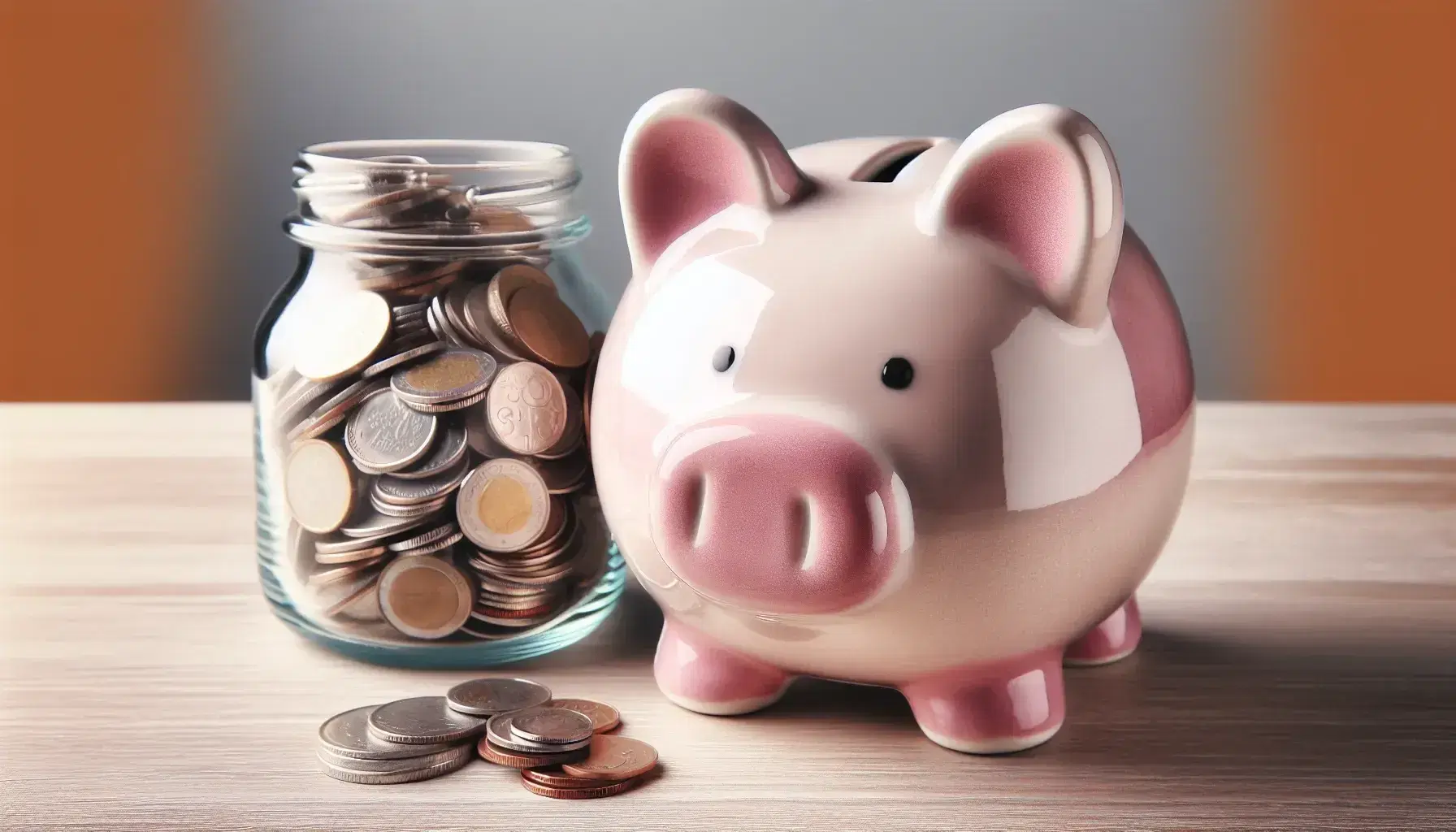 Close-up view of a glossy pastel pink ceramic piggy bank beside a glass jar filled with mixed coins on a wooden surface, with soft lighting.