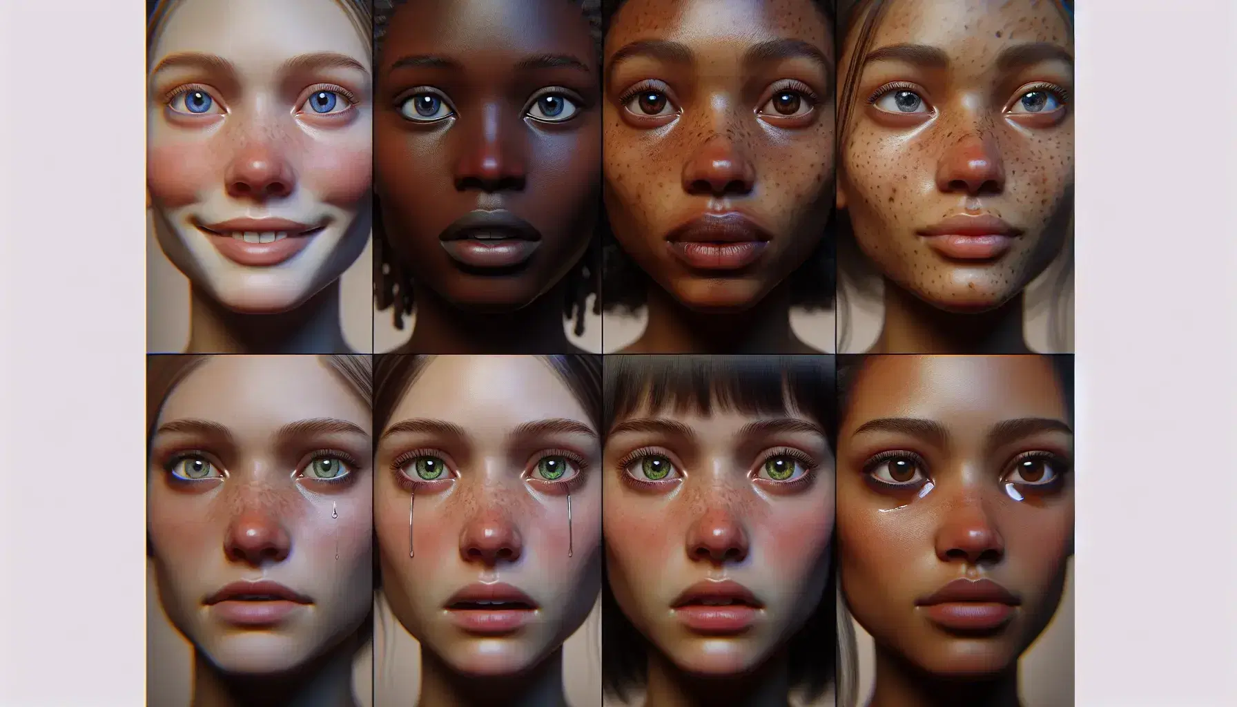 Grid of diverse human faces displaying emotions of happiness, surprise, sadness, and anger with soft lighting emphasizing facial features.