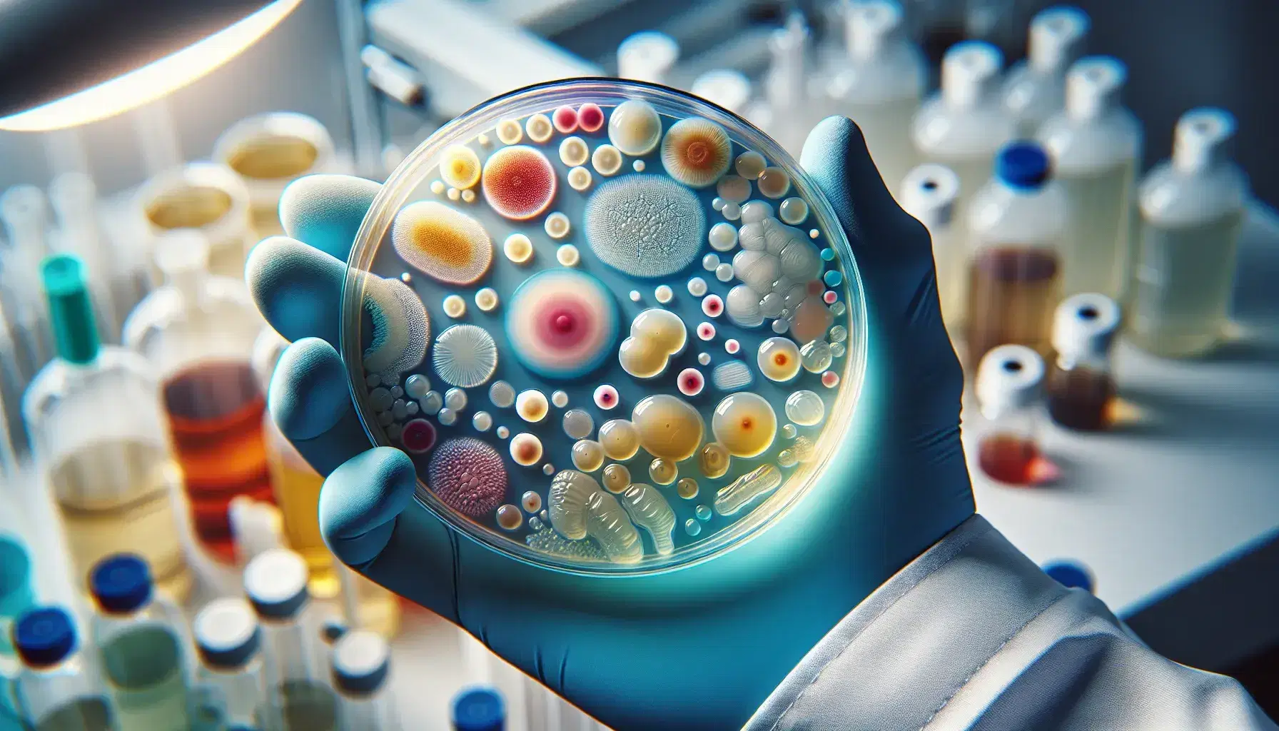 Close-up of colorful bacterial colonies in a petri dish held by blue-gloved hands in a blurred lab setting, indicating a microbiological study.