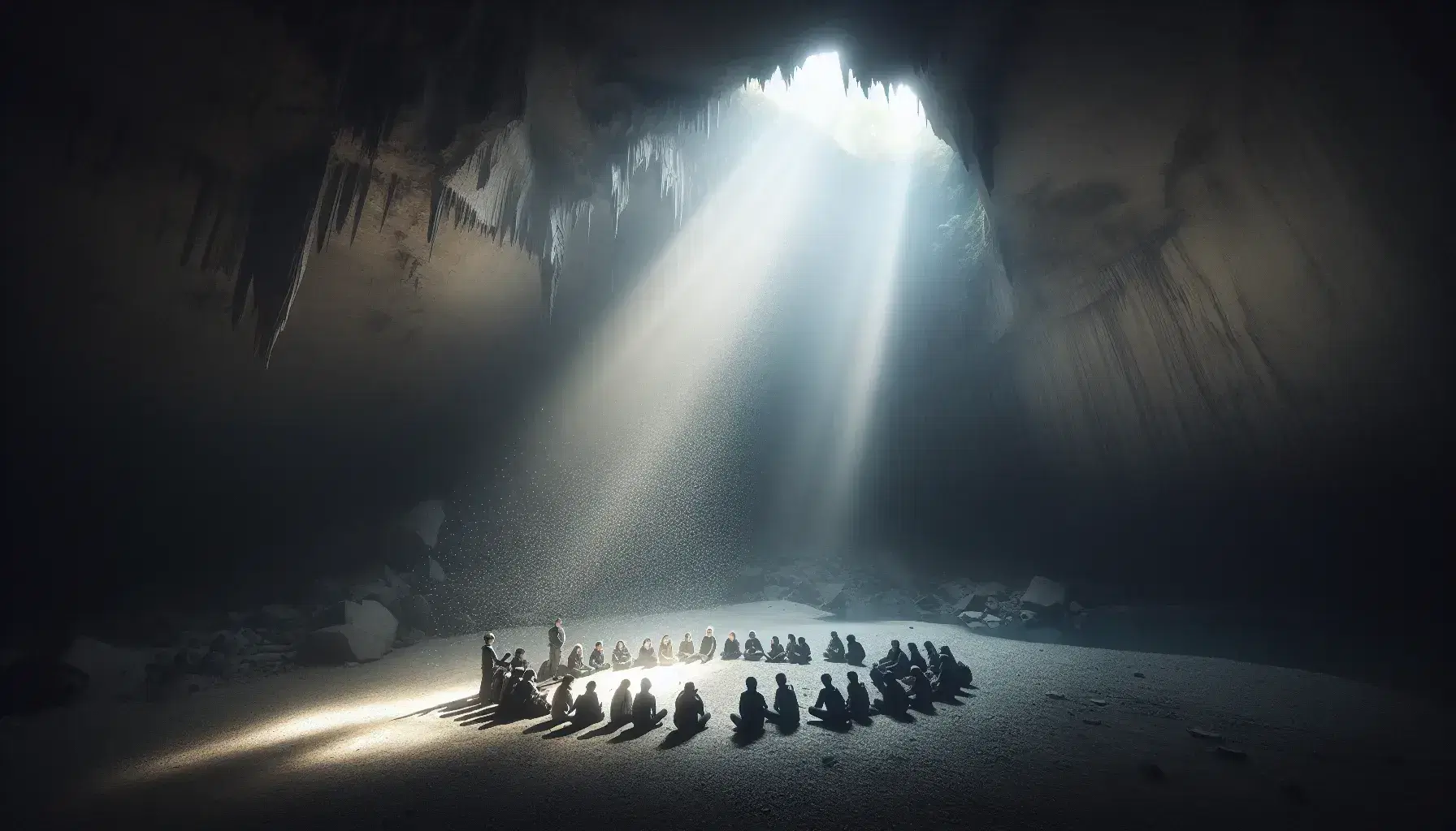 Caverna espaciosa con techo alto y luz natural filtrándose por una abertura superior, iluminando a personas sentadas en semicírculo y una figura de pie en actitud de asombro.