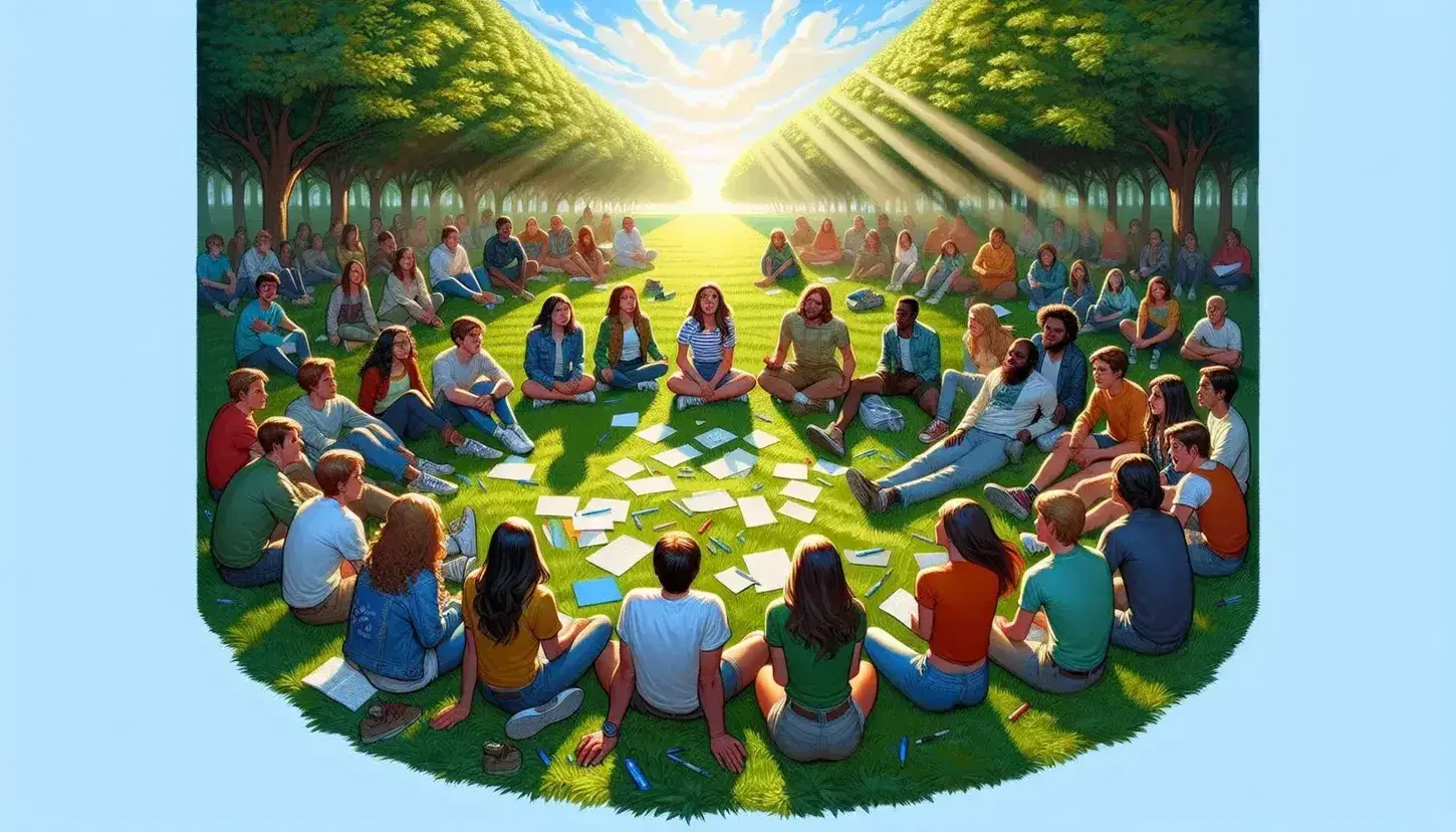 Jóvenes de diversas etnias sentados en círculo en el césped compartiendo ideas, con papeles y bolígrafos, en un día soleado con árboles al fondo.