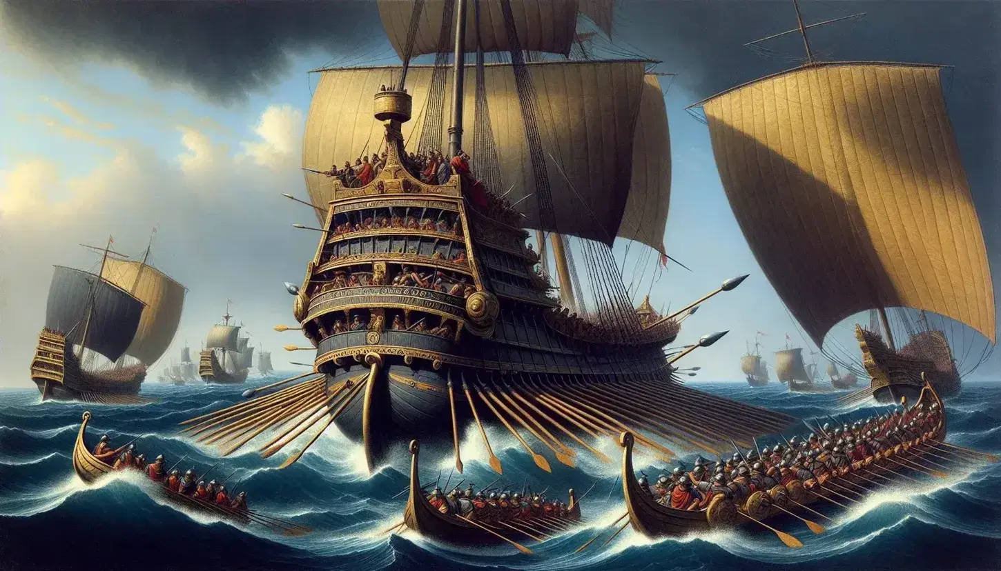 Battaglia navale tra antiche navi romane e cartaginesi, con guerrieri armati e mare agitato sotto un cielo azzurro.