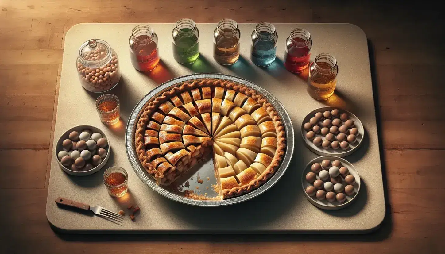 Freshly baked apple pie in glass dish with one slice separated, alongside jars of colored liquids and a plate of chocolate candies arranged in a grid.