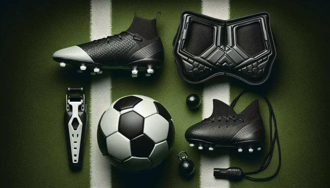 Equipo de fútbol con botas negras, espinillera blanca, balón clásico y silbato sobre césped artificial verde.