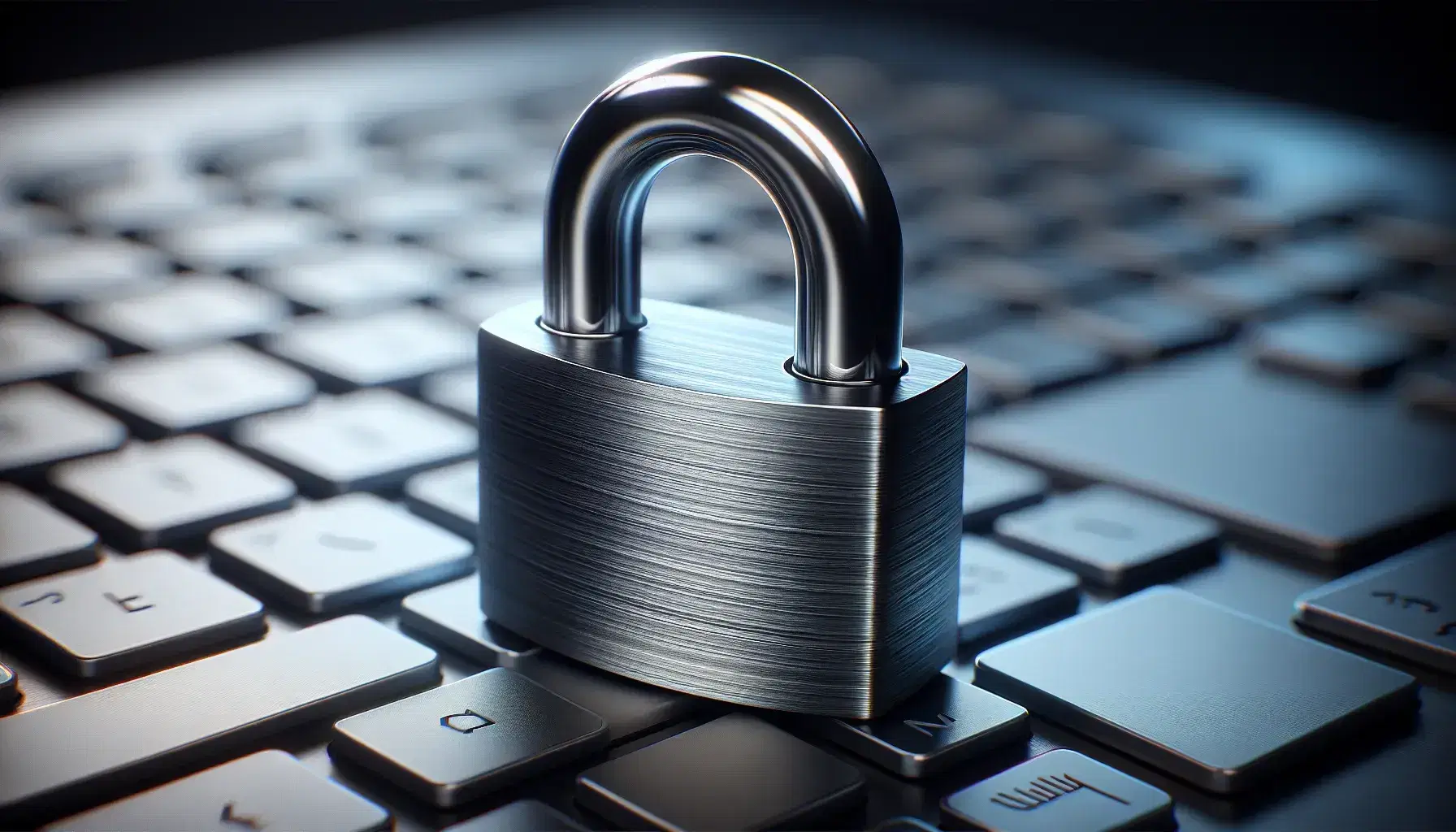 Close-up of a brushed steel security padlock with shiny steel shackle, on blurred background of gray computer keyboard.