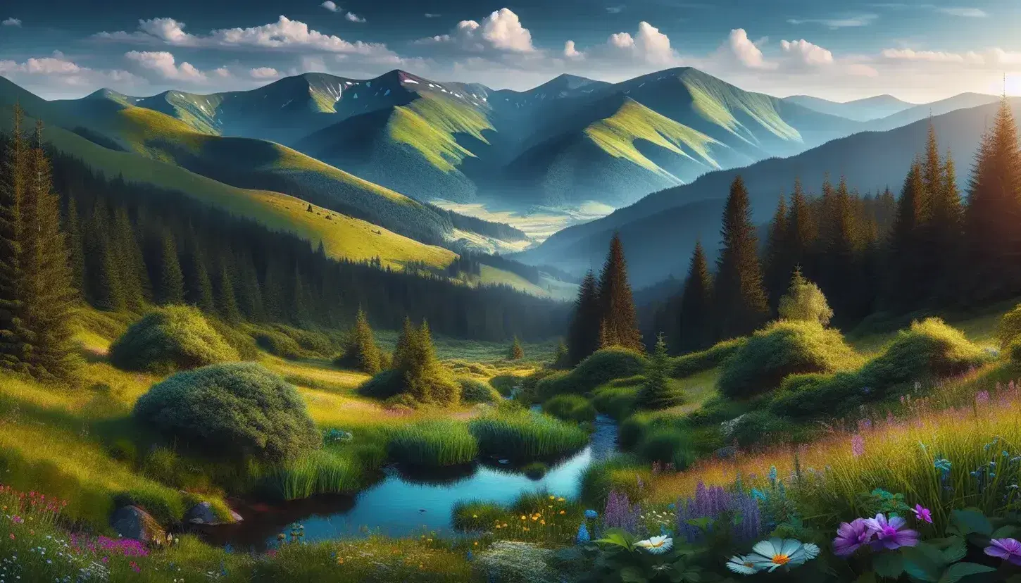 Panoramic view of the Carpathian Mountains with a meadow of wildflowers, a winding stream, dense forests, and snow-capped peaks under a gradient blue sky.