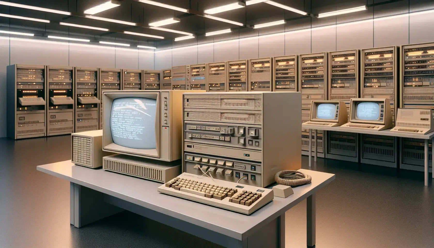 Computadoras vintage en un laboratorio con paredes claras, incluyendo un gran ordenador beige y un monitor de tubo de rayos catódicos.