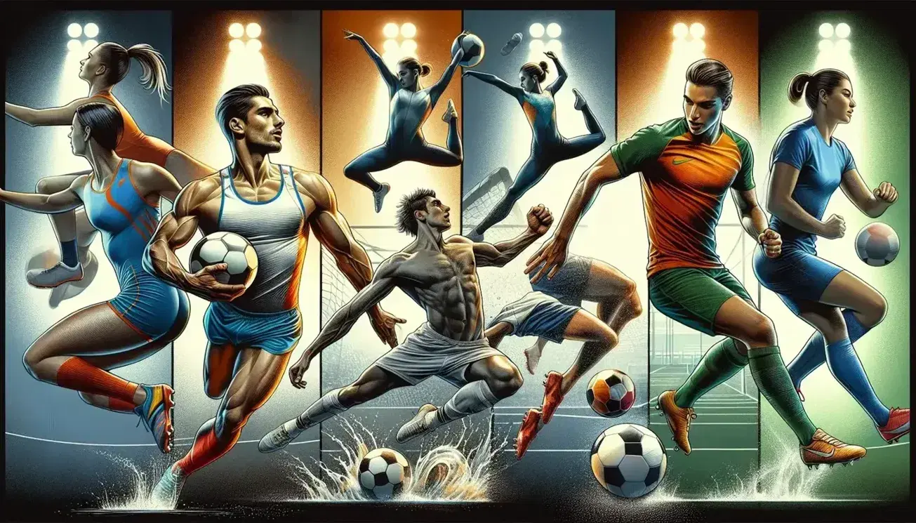 Atletas en acción en distintas disciplinas deportivas, destacando un corredor, gimnasta, futbolista, nadador y jugadora de baloncesto en un collage dinámico.