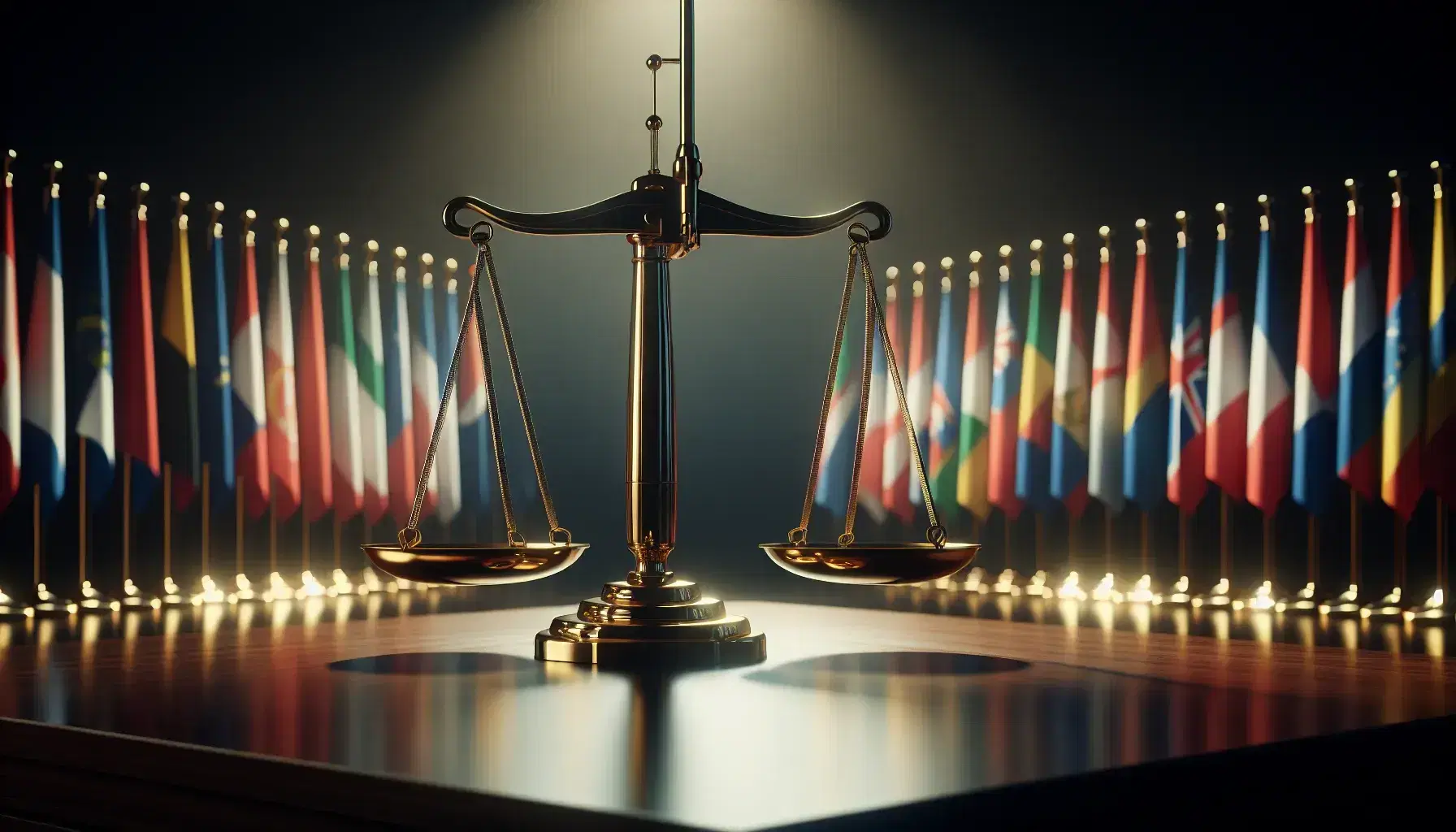 Golden scales symbolizing justice on a dark wooden table, with a backdrop of blurred international flags representing global equality.