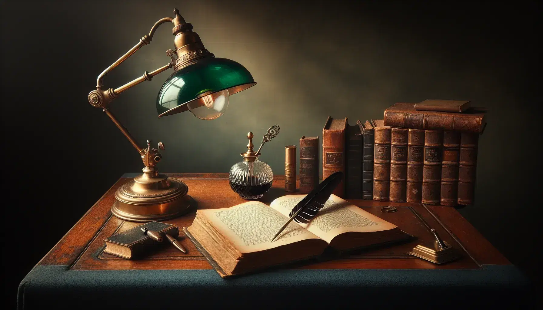 Serene study environment with antique wooden desk, brass and green glass lamp, open book, inkwell and quill pen, globe and garden view.