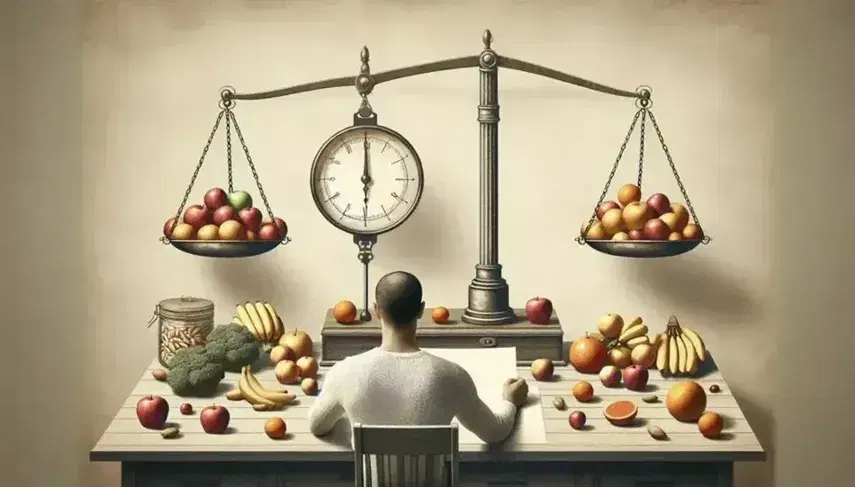 Person sitting at desk in reflection with empty scales, clock showing 10:10 and assorted fresh fruit neatly arranged.