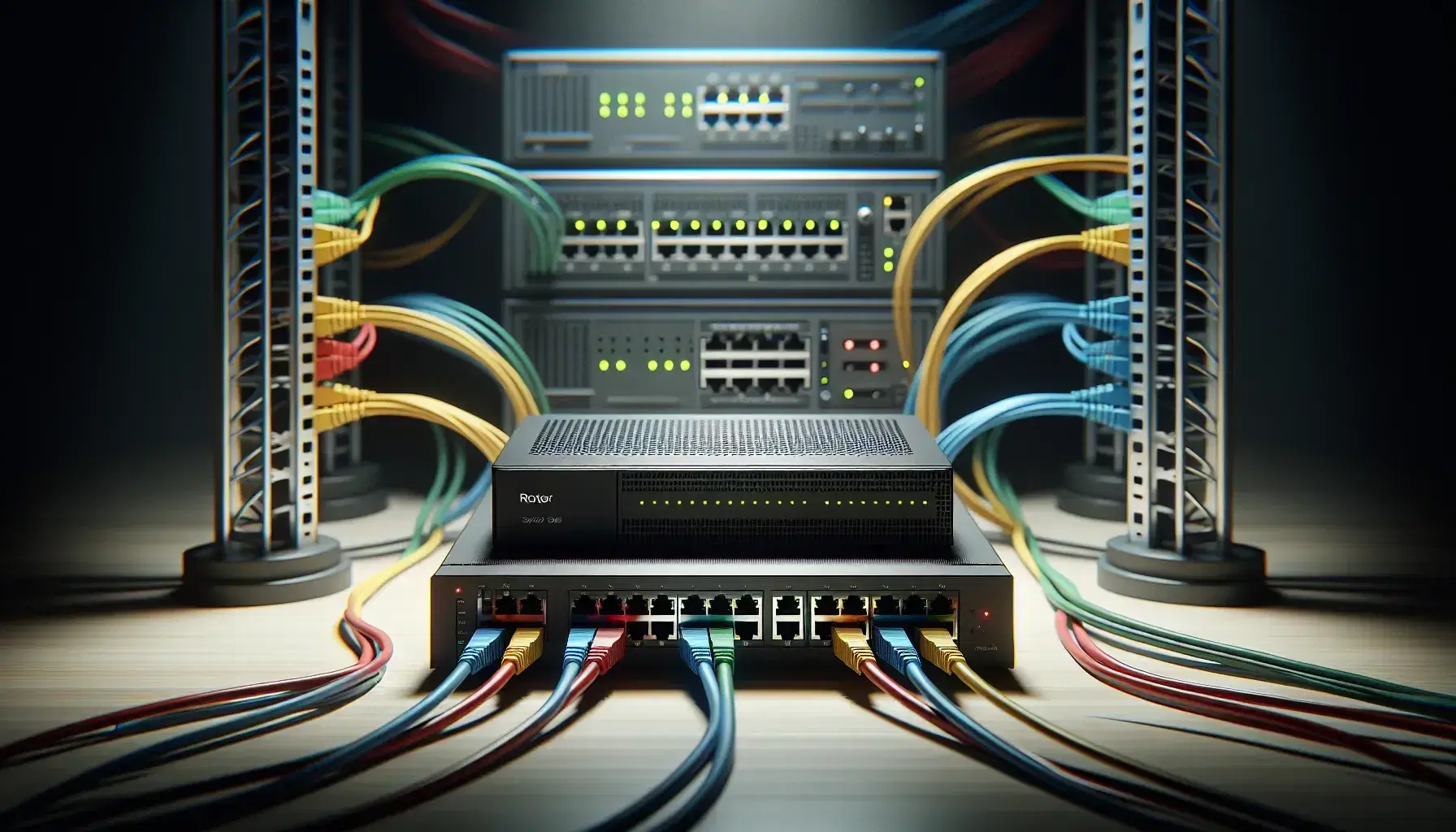 Router nero centrale con porte Ethernet e switch di rete laterali con cavi colorati su superficie in legno, sfondo sfocato con rack server.