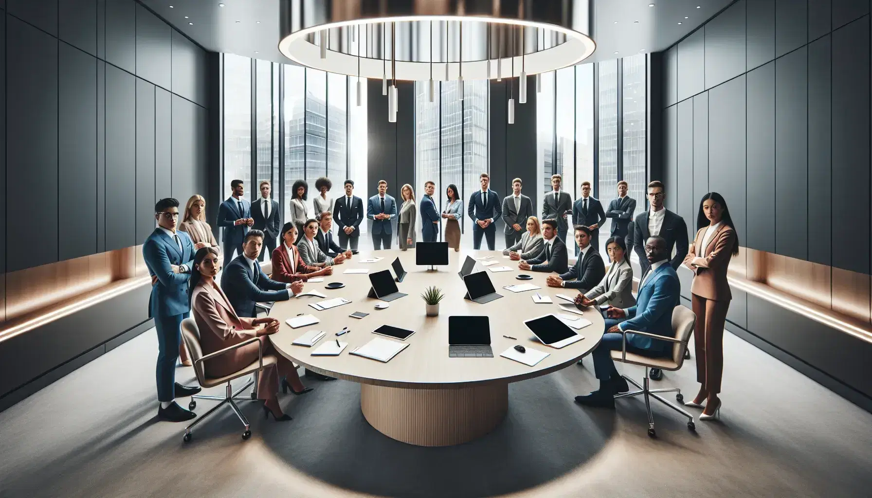 Grupo diverso de profesionales en reunión de trabajo alrededor de una mesa ovalada con dispositivos electrónicos apagados, papeles y bolígrafos, en una oficina iluminada con ventana al fondo.