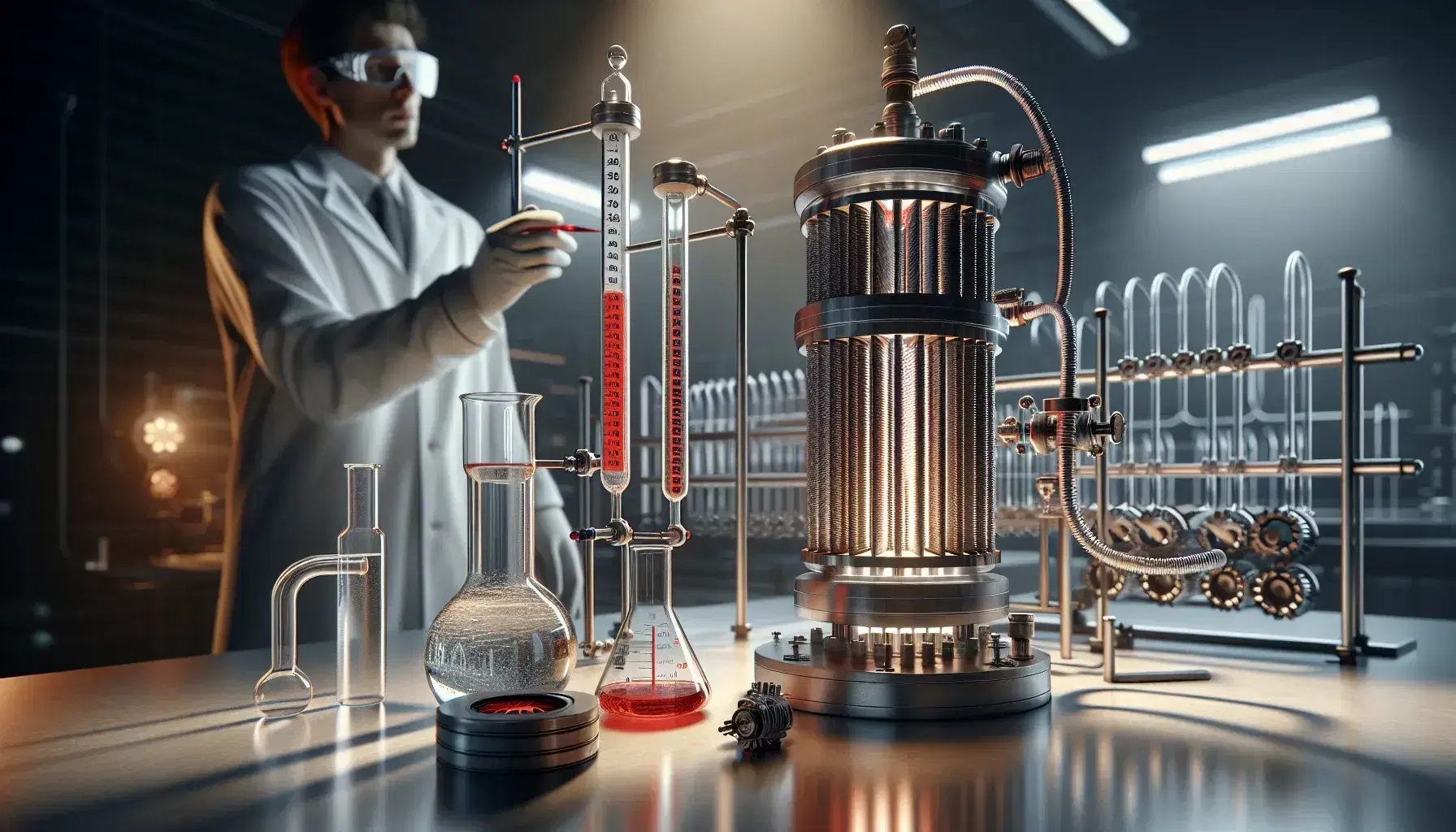 Laboratorio científico con termómetro de vidrio y radiador de calor en primer plano, y científico vertiendo líquido en segundo plano.