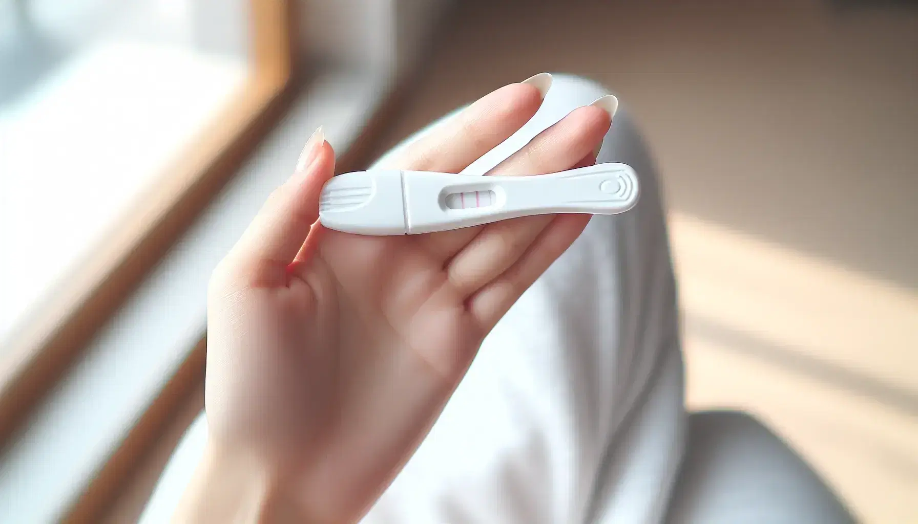 Mano femenina sostiene test de embarazo blanco sin usar con tapa protectora y ventana de resultado vacía sobre fondo claro y desenfocado.