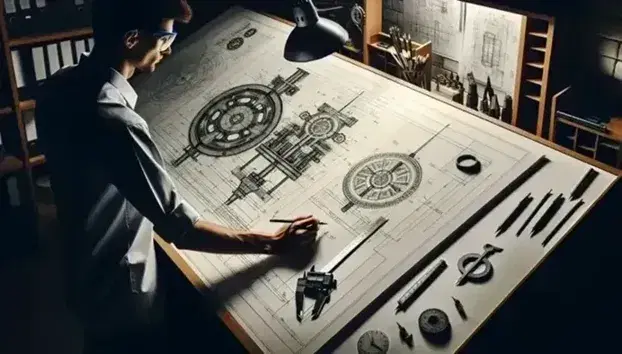 Ingegnere al lavoro su disegno tecnico industriale, con calibro in mano, su tavolo da disegno inclinato, senza testi visibili.