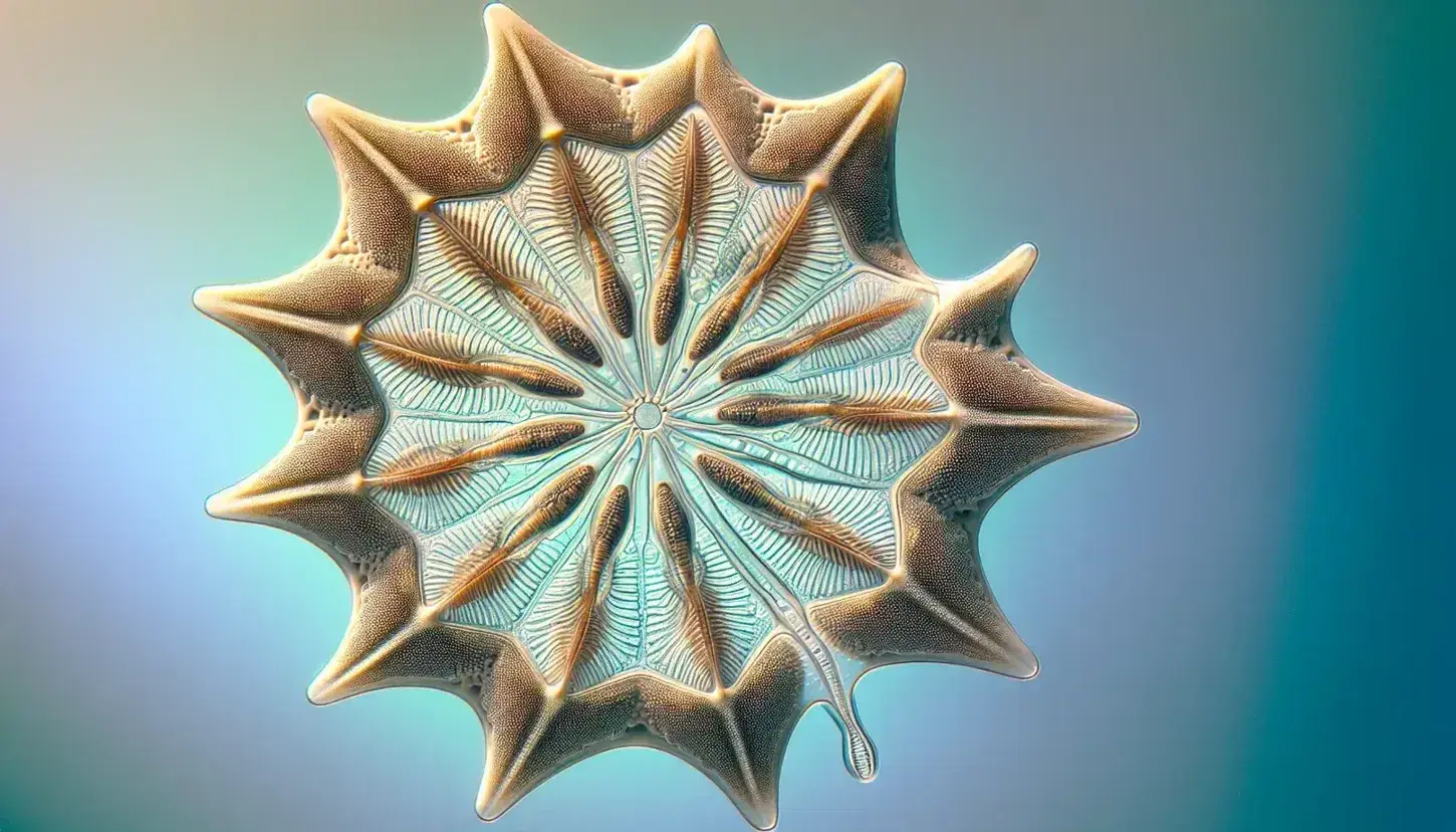 Close-up view of a star-shaped Foraminifera with a detailed, chambered calcium carbonate shell and extending pseudopodia in a soft blue aquatic backdrop.