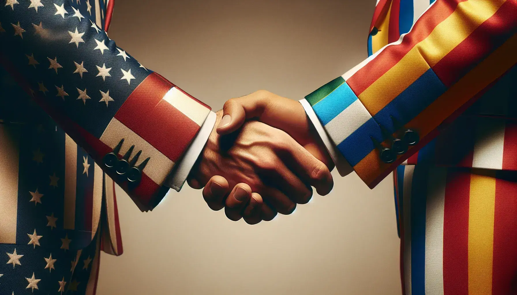 Handshake between individuals in suits colored with American and Latin American flag themes, symbolizing international cooperation and unity.