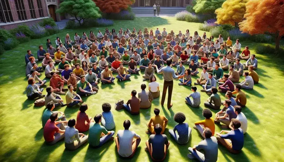 Grupo diverso de estudiantes atentos y facilitador gestualizando en clase al aire libre en un campus universitario con árboles al fondo.