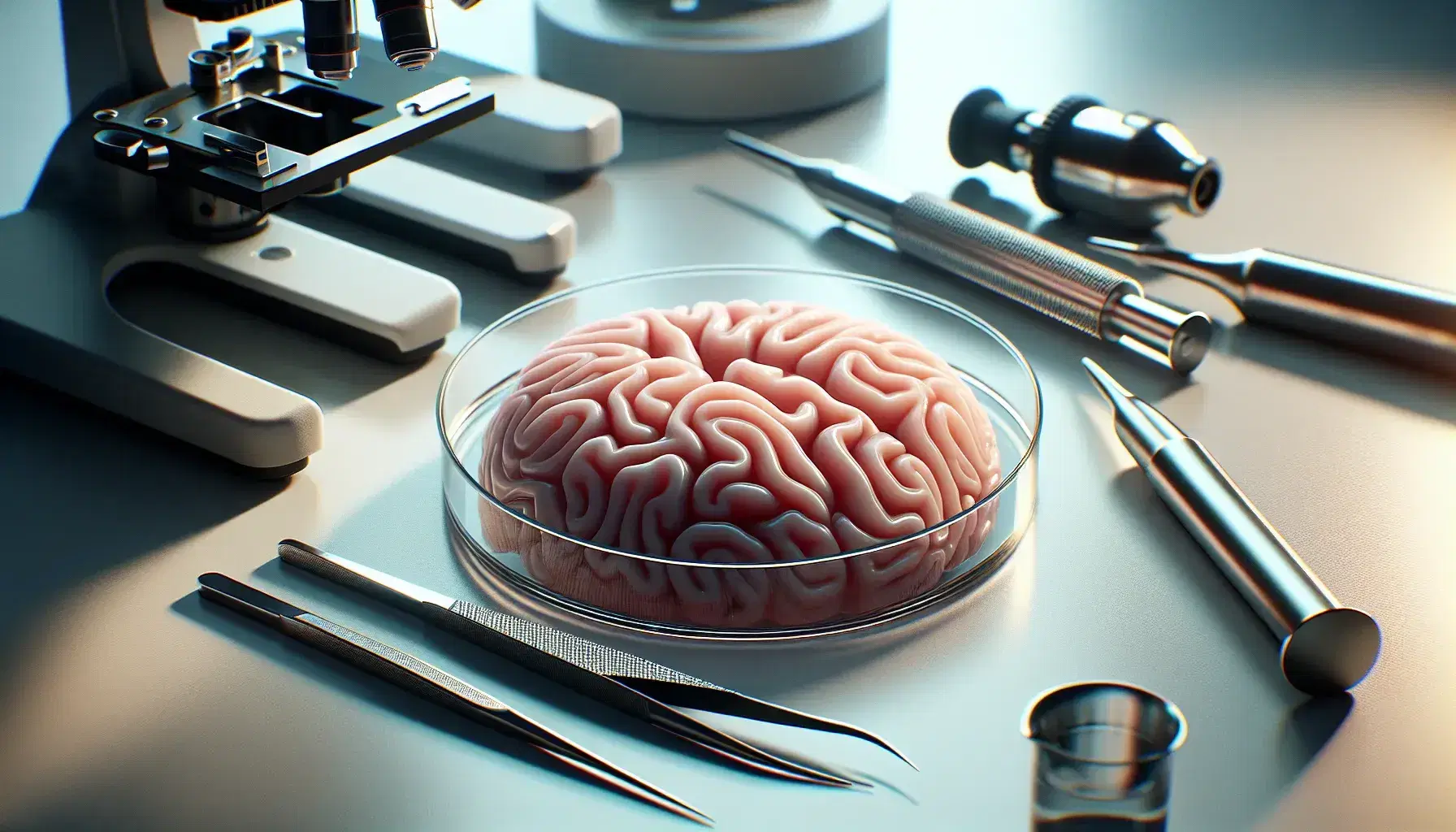 Close-up of a brain tissue culture in a petri dish in the laboratory, with tweezers, scalpel and pipette, and microscope in the background.