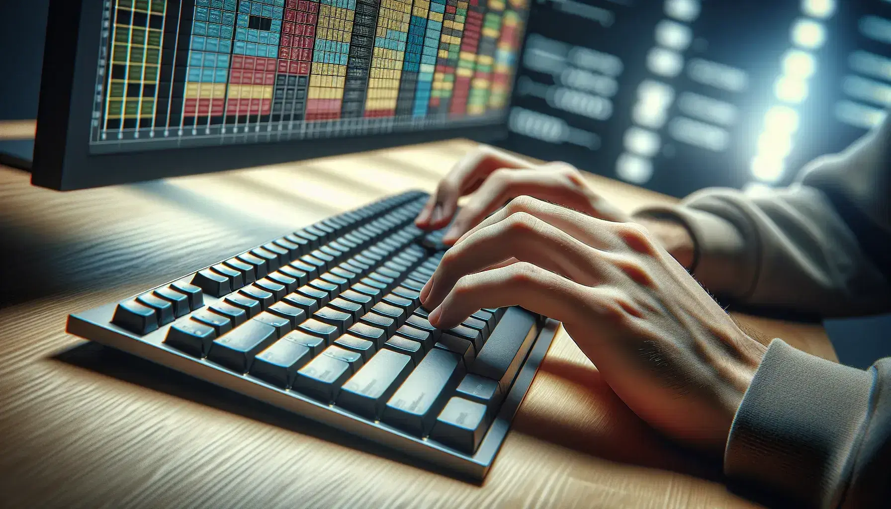Hands typing on modern computer keyboard with metal edge and blurred background with colorful blocks similar to a database table.