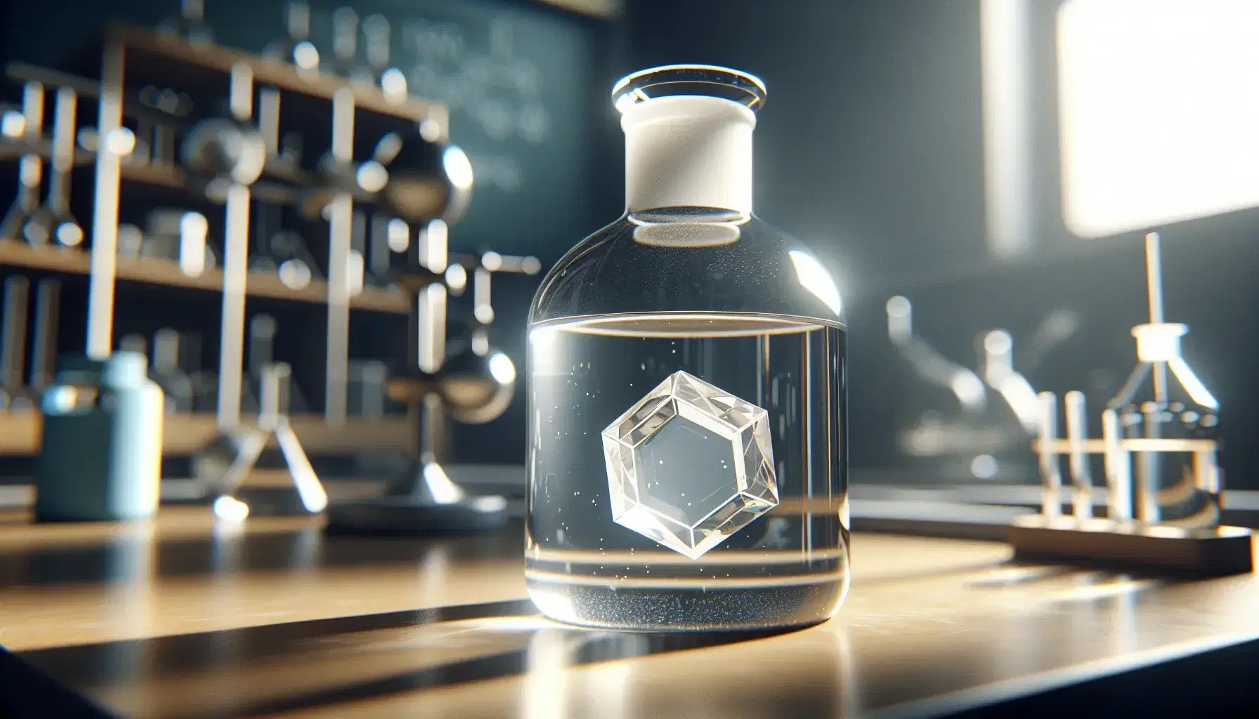 Glass flask on laboratory bench with amber liquid and hexagonal crystalline solid, blurred background of scientific equipment.