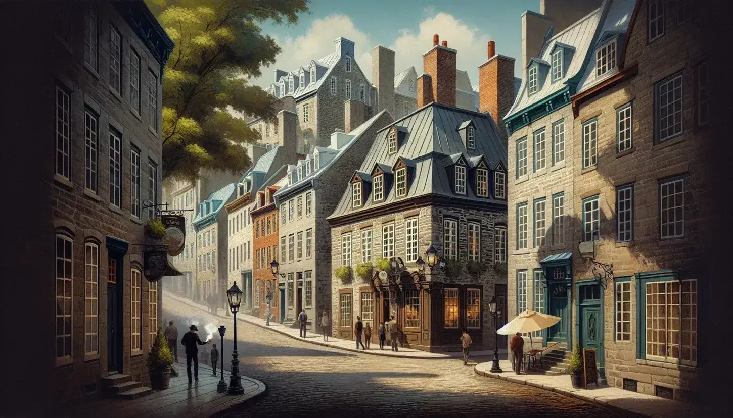 Cobblestone street in Old Quebec City with pedestrians, historic French colonial buildings with steep roofs, and a leafy tree on a sunny day.