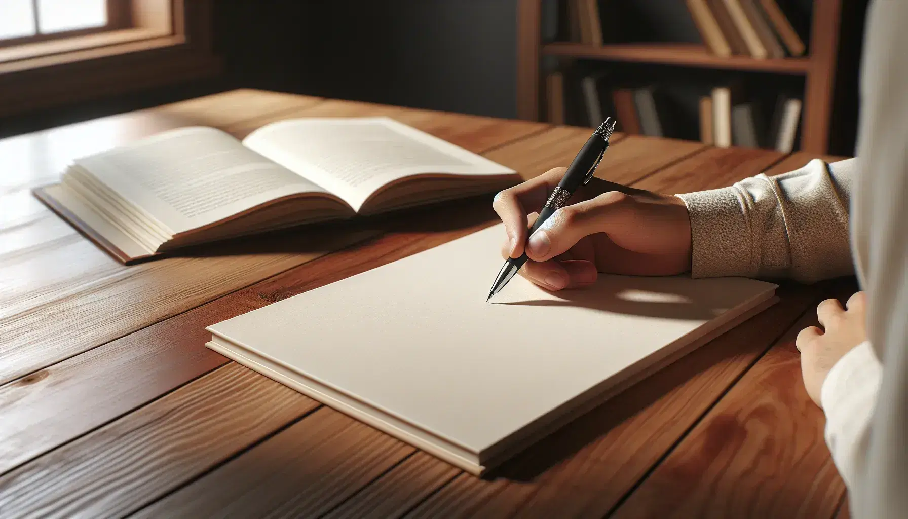 Mano sujetando un bolígrafo negro sobre papel blanco en mesa de madera, con libro abierto al lado y estantería de libros desenfocada al fondo.