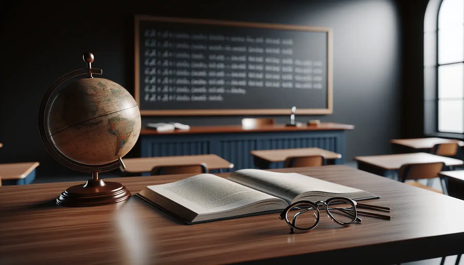French language classroom with a teacher's desk, open textbook, round eyeglasses, clean chalkboard, globe, and neatly arranged student desks in natural light.