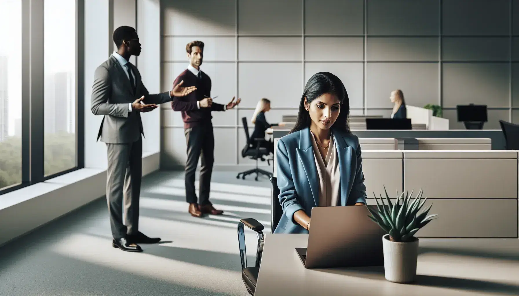 South Asian woman in blue blazer sitting at desk with open laptop in office, men discussing in background, bright environment.