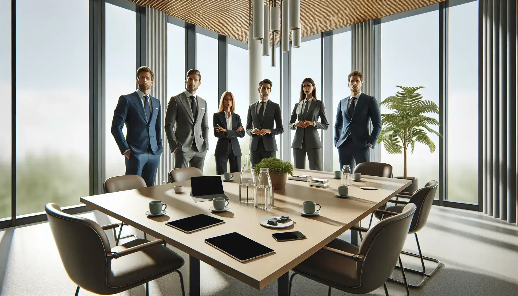 Grupo de cinco profesionales en reunión de trabajo en una sala moderna con mesa ovalada, dispositivos móviles, tazas de café y una botella de agua, junto a una ventana con vista al cielo.