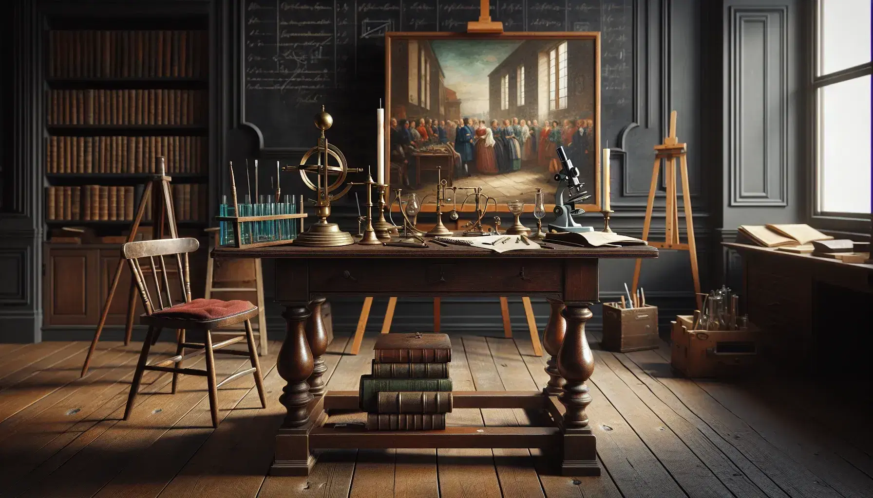 Aula del siglo XIX con mesa de madera oscura, esfera armilar, microscopio de latón, libros encuadernados, silla con cojín rojo, caballete con pintura y pizarra vacía.