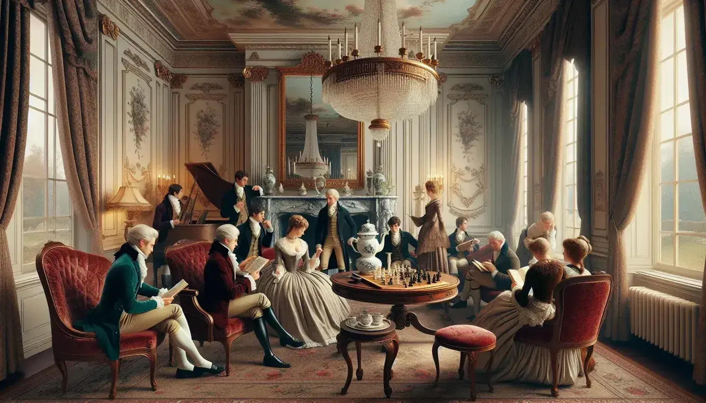 Salotto antico stile aristocrazia francese ottocentesca con persone in abiti d'epoca, mobili intarsiati, specchio dorato e lampadario di cristallo.