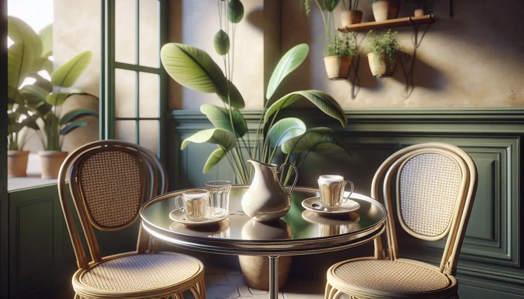 Classic French café scene with empty glass cups on a metallic bistro table, woven rattan chairs, potted plants on wooden shelves, and a reflective window.
