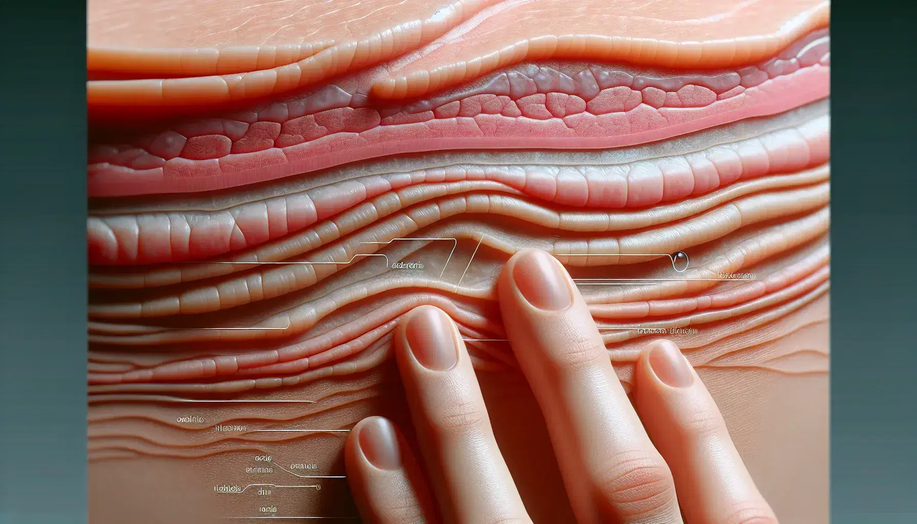 Primer plano de piel humana mostrando textura y poros con capas visibles de epidermis, dermis e hipodermis y dedos tocando suavemente, reflejando cuidado de la piel.