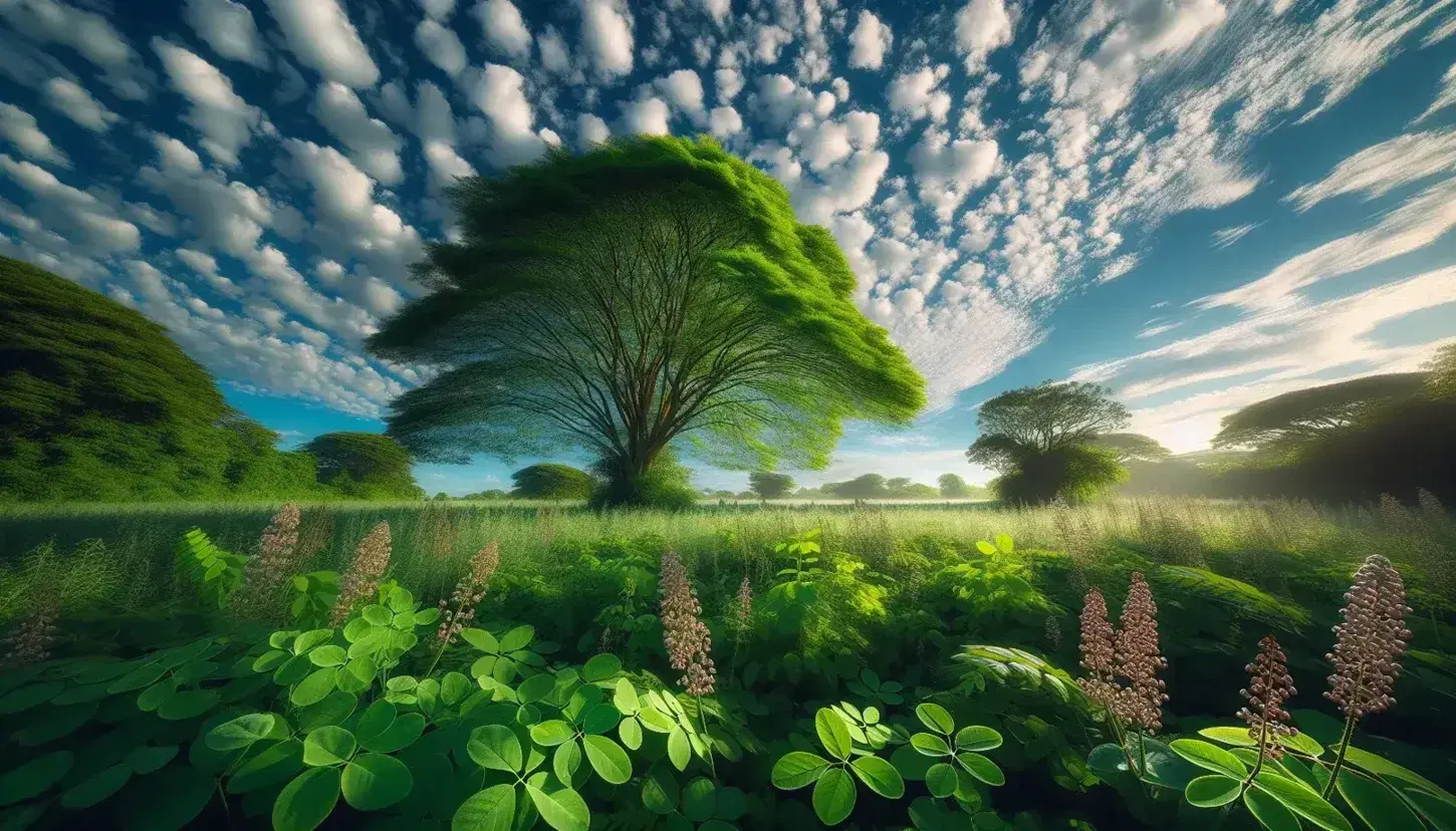 Campo verde rigoglioso con piante e legumi fioriti, albero frondoso e cielo azzurro con nuvole sparse in una giornata soleggiata.