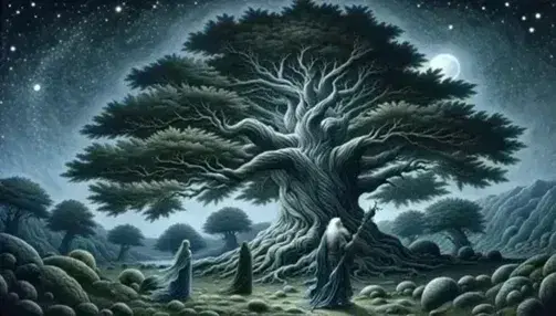 Ancient tree with sprawling branches under a starry sky, flanked by three mythical figures with a hammer, spear, and golden apple.