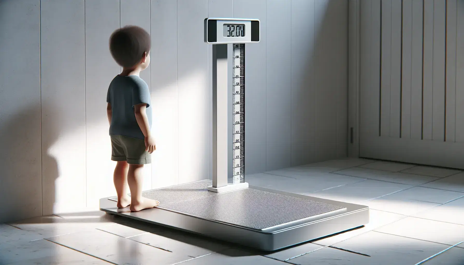 Báscula de plataforma metálica y estadiómetro blanco junto a niño de espaldas preparándose para medir su altura en una habitación iluminada naturalmente.
