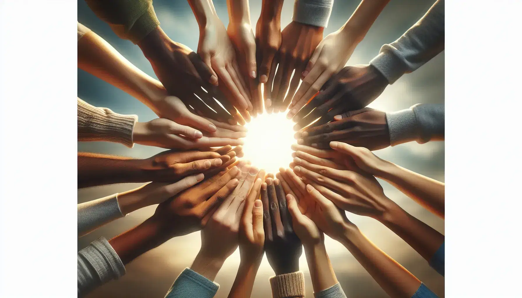 Mani di diverse etnie unite a formare un cerchio su sfondo sfocato che evoca natura, simboleggiando unità e diversità.