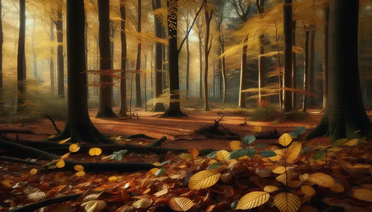 Serene autumn forest scene with a carpet of multicolored leaves, sparse foliage on arching branches, and a clear blue sky above.