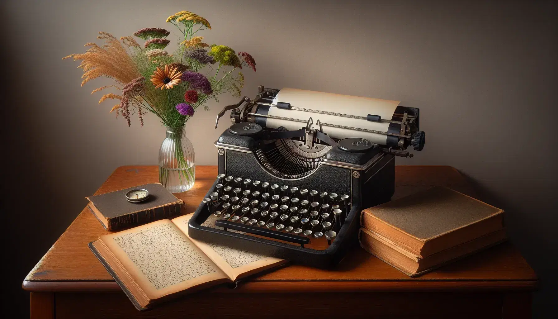 Vintage typewriter with blank paper on a wooden desk beside an open book and a vase of wildflowers, evoking a nostalgic writing scene.