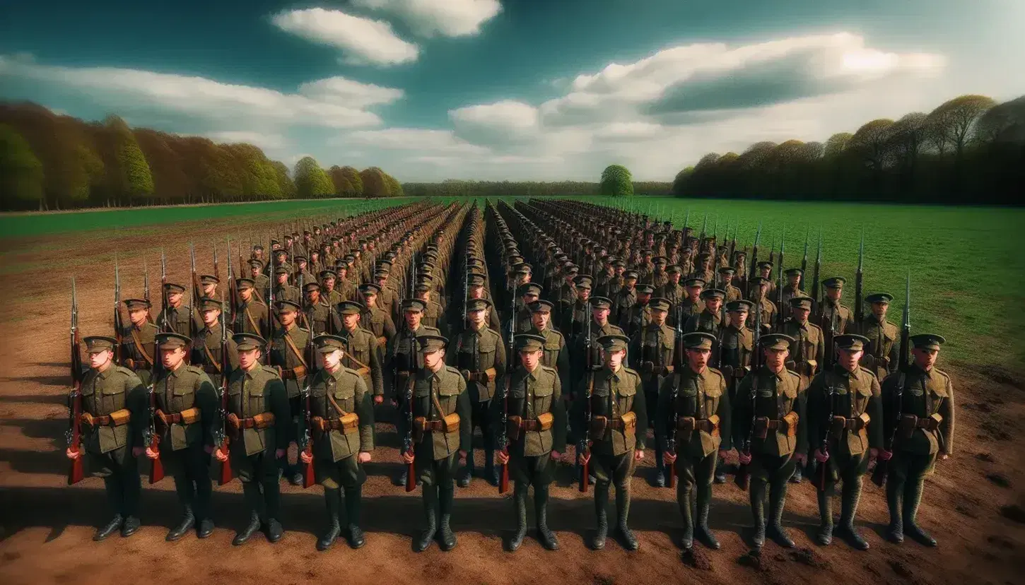 Grupo de soldados en formación militar con uniformes verdes y rifles con bayoneta, alineados en campo abierto bajo cielo azul con árboles al fondo.