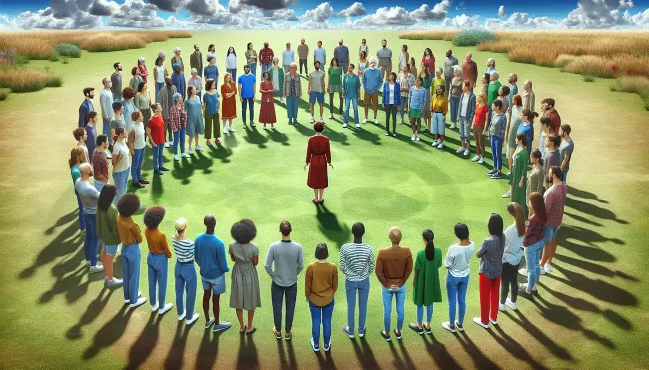 Grupo diverso de personas en semicírculo al aire libre con una persona en el centro gesticulando, bajo un cielo azul con nubes dispersas.